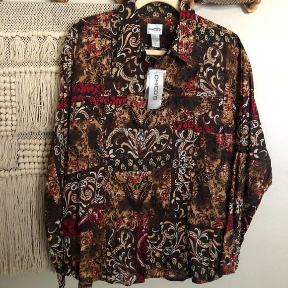 Chico’s Brown Multicolor Cotton Danielle Shirt 3 - Picture 1 of 7